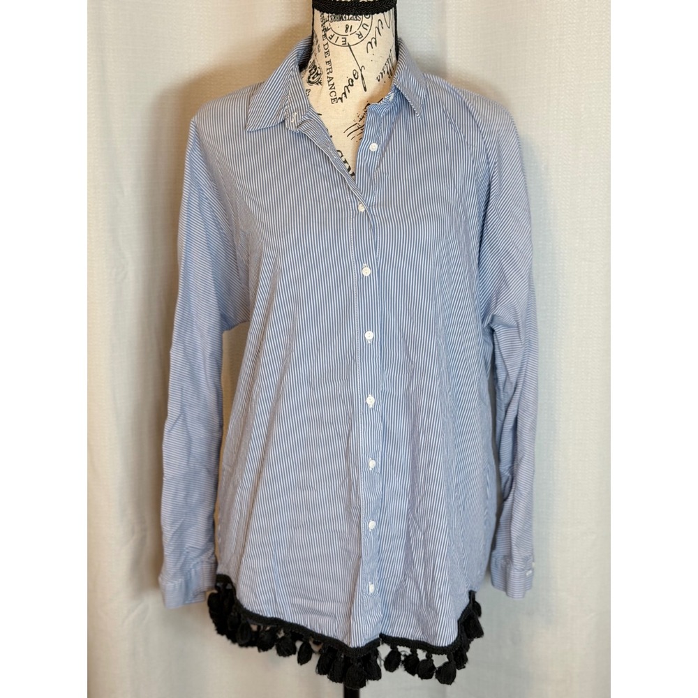 Zara Woman Button Down Shirt Boho Striped Tassel Trim Blue Size XL